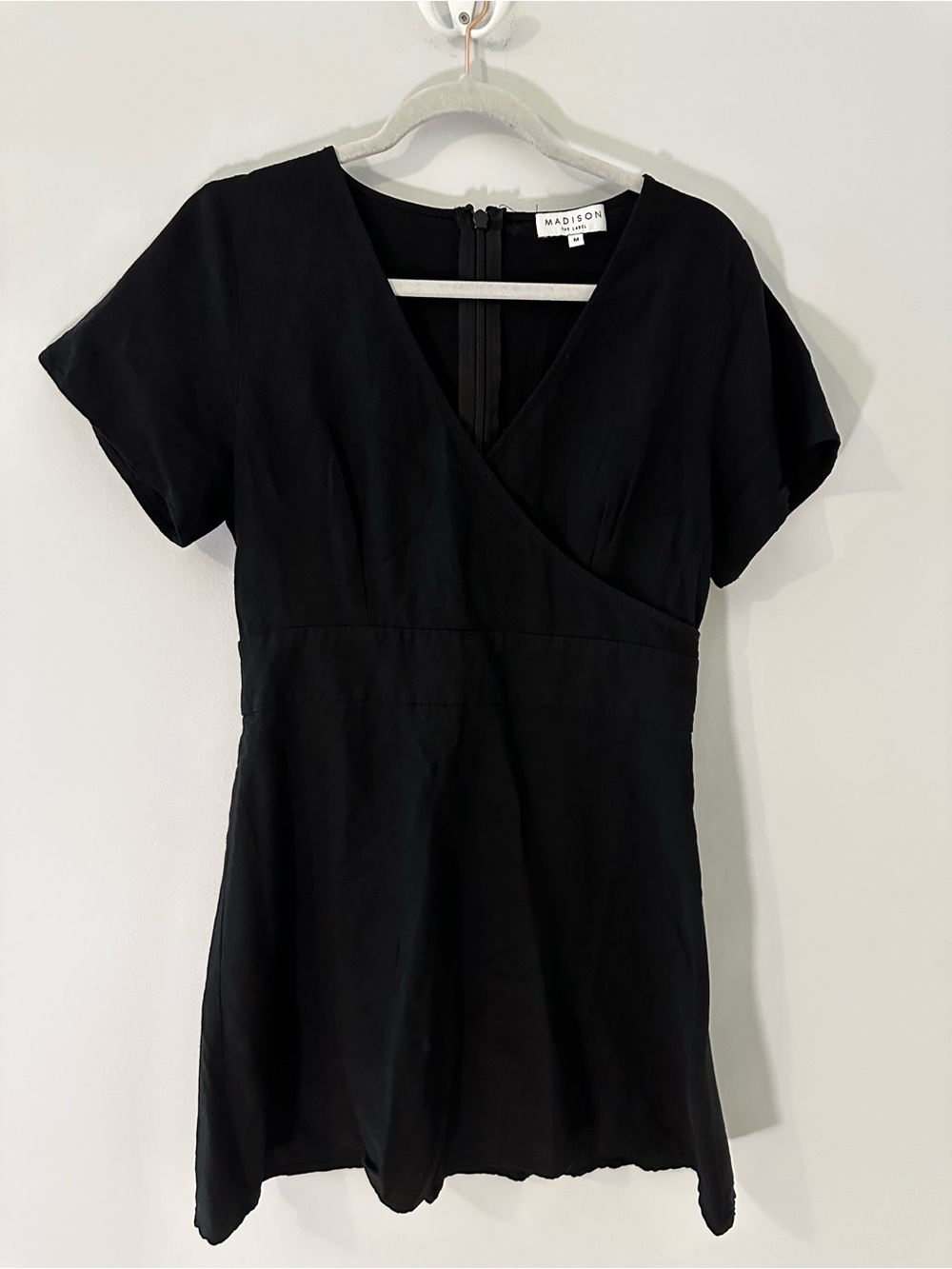 Madison the label linen blend black Wrap-Front Mini Dress